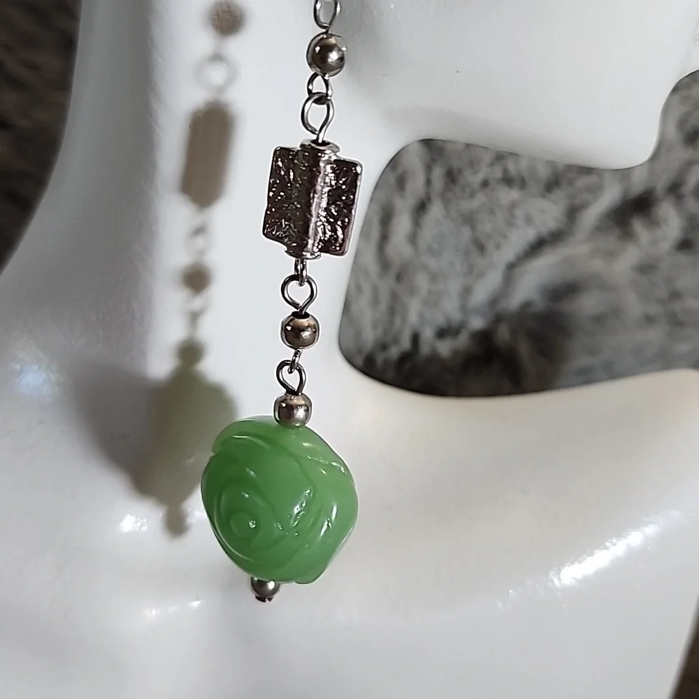 Green and Silver Rose Detail Dangle Earrings‎